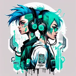 -shirt design, cyberpunk, art boy and girl for style tattoo, blue green hair, headphone, multimedia, with text "digi". Grafity style. White background.