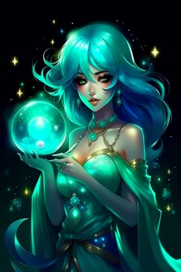 A beautiful girl with glowing starry eyes. And with turquoise hair decorated. And full body. Holds 10 glowing glass beads with a moon inside .fantasy immortl Ye hie