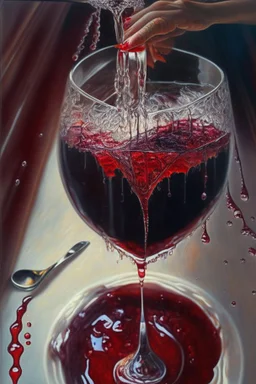 Wine drops from a fork looking down into a red wine glass in which a beautiful woman bathes on a modern kitchen counter, on embroidered lace, Hyper realistic, oil on canvas award winning fantastic view ultra detailed acrylic art Ultra realistic Impressionism Surrealism simen johan, sharp focus intricate oil on canvas cinematic lighting photorealistic high detail ultra detailed crisp quality in sunshine