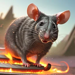 imagine; a rat on a humvee with a big super charged engine in the back on racing slicks; the rat is grey, hairy with googles and baseball cap on ; the rat has a menacing expression his face; fire coming from the engine exhaust; vivid colors; pixar style, the borders fade to black ; colorful and bright image