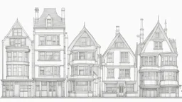 A highly detailed front elevation line drawing of a row of fantasy houses of different heights with tall chimneys, rooms and floors added to sides and roofs, like Harry Potter's Diagon Alley, inspired by Moebius