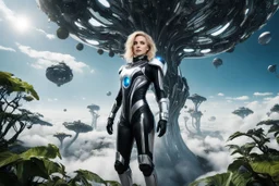 Wide angle photo of a slim sci-fi woman with blond hair, wearing a silver and black futuristic spacesuit looking android-like, standing on a alien cloud tree jungle planet