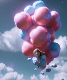 Ultra realistic clouds sky scene, medium shot view, portrait, sweet Childs, free jumping flying, trinkets, monster hair, jelly beans, balls, smile, happy, Wes Anderson style, inflatable color clothing, extreme, wind, clouds sea, 20,000 feet altitude, stratosphere, soft color, highly detailed, unreal engine 5, ray tracing, RTX, lumen lighting, ultra detail, volumetric lighting, 3d, finely drawn, high definition, high resolution.