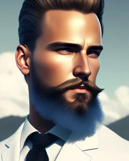 Handsome human male, aviator, educated man, trimmed beard, blue eyes, slick blonde hair, full-scale head and shoulders portrait, concept art portrait by Greg Rutkowski, WLOP, Alphonse Mucha dynamic lighting hyperdetailed intricately detailed Splash, volumetric lighting fantasy