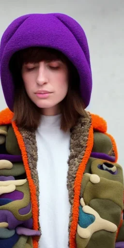 Brunette she. average body type. big head. Mantle is sewed of upcycled Denim and sewed together of camouflage pieces. Pieces' color are orange, cream and purple. It is with big bright purple felt tippet and cream-colored-hood. mantle is merged with satchel. . Big AKG-style headphones (gold rings!) is merged with small felt cap with small visor. Style: Haute Couture in 1910's, Paris fashion in 1998, inspired by street art. Cream latex gaiter. Her head and rest body!