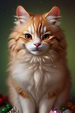 in the middle is A realistic cute adorable fluffy plushy smiling cat holding a basket of jewels and gems. His fur is realistic. The background is a romantic carpet bokeh digital painting extremely detailed studio lighting crisp quality and light reflections 8k cinematic lighting portrait photorealistic ultra detailed cinematic postprocessing focused