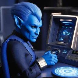 [the tricorder is plugged with a cable on the console] The Andorian communication officer delicately plugged the tricorder into the console, the soft blue light casting a gentle glow over their indigo skin.
