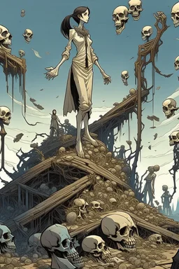 a bone yard with a tall android woman standing at the top of a pile of bones