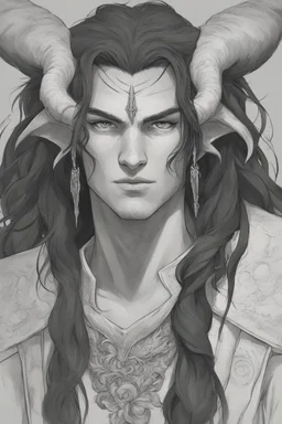 A dnd character portrait, a tiefling man with long hair and two long black horns that curve backwards, white eyes and pale skin. Handsome. Young.