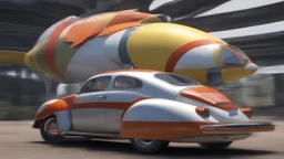 a high definition screen shot of a jet-fighter vw-beetle, blimp retrofuturistic, phototrealism, in flight, one subject,