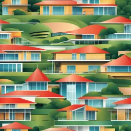 Ilustración vectorial de una casa campestre moderna,neofutufista con innovadoras formas y curvas. Materiales concreto y vidrio. Árboles, gente.