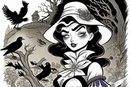 Witch, playing with crows, black cat, perfect iris, ink and pencil, style Carl Barks