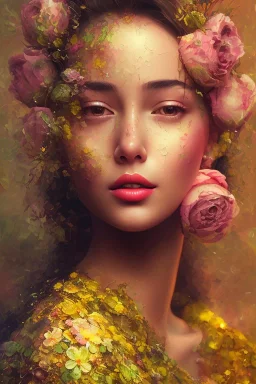 painting of flowers and beautiful girl portrait, scaffolding, iron cladding, decay, mixed media, textured, anatomically correct, beautiful perfect face, sharp focus, highly detailed