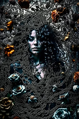 abstract creation of a beautiful girl with black curly hair, surrounded by black roses, thick metal chain broken, glass petals on the ground, autumn colours,dried out thorn bush, chaos,