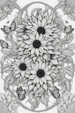 Mandala of sunflowers intertwined with butterflies, illustrated in black and white with defined lines for an adult coloring book, contour, vector, sleek line art, on a white backdrop