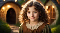 little young hobbit girl, beautiful, confident, calm, wise, happy, innocent, facing camera, head and shoulders, curly hair, hobbit clothing, perfect eyes, LOTR village, hobbit homes with circular windows and round doors, night scene, stars, fireflies, 16k artistic photography, exquisite composition, photorealistic concept art, soft natural volumetric light, chiaroscuro, award-winning photograph, masterpiece, style William-Adolphe Bouguereau