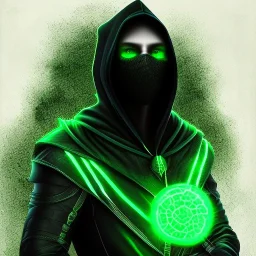 A portrait of a man with glowing green eyes wearing a big black hood and dark clothes