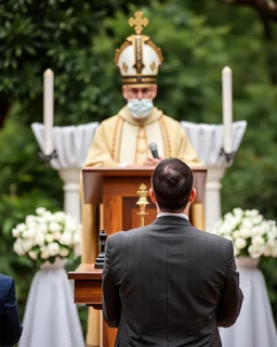 a chess bishop behind a wedding podium, couple getting married