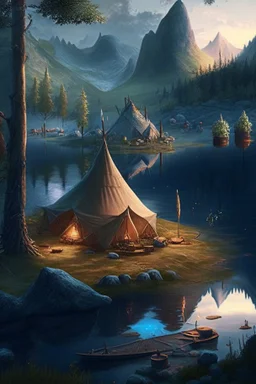 a fantasy campsite next to a lake