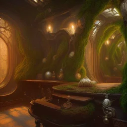 fantasy concept art, dynamic lighting, Intricately detailed, Splash screen art, deep color, Unreal Engine, volumetric lighting, fantasy library artwork, indoors, cozy, black leather, black marble, Fantasy library artwork, white candles, white silk, vines, moss, sigils,