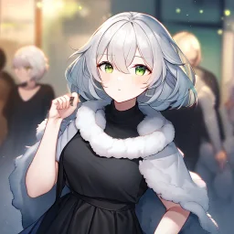 Clear focus, High resolution, light grey short hair, dark green eyes, wearing a black t-shirt and black skirt, fluffy hair, detailed outfit, really fluffy hair