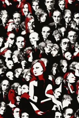 Image of a woman sitting alone, surrounded by shadowy figures whispering in her ear, suggesting the influence of manipulation and dark psychology on individual perceptions of attractiveness Give it a very dark frightening vibe. Use black and red theme.