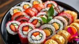 A sushi platter featuring rolls made with unconventional ingredients like vibrant dragon fruit, gold leaf, and edible flower petals. Each piece is meticulously arranged to form a stunning mosaic pattern. Award-winning photograph, beautiful composition, exquisite detail and illumination