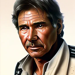 transparent photo realistic head to waist watercolour portrait of harrison ford as han solo in star wars with photo realistic short hair by Greg Rutkowski, Artgerm, WLOP, Alphonse Mucha, sharp focus, brown eyes,photo realistic skin, realistically and naturally weathered skin,space jacket from star wars, intricate, art background, watercolour