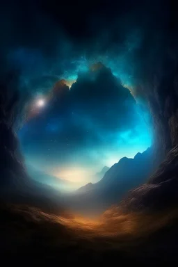 The cave in a mountain in another dimension surrounded with stars and galaxies and clouds and fogs, Busch painting nightmare style , 3D , scary, magical, mysterious