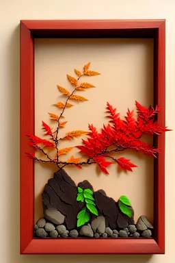 decorative wooden wall frame made of red Orange ando green foliage , branches, small volcanic rocks ikebana style with a background in soft colors