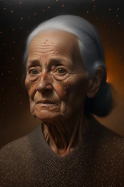 Busch painting style nightmare, an old Egyptian woman, her skin texture made of grey dog Webber with fire brown small dots , she is without hair or