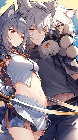 2Girl, boy ,wolf muzzle, gray hair, gray wolf ears, wolf tail, open navel, short blue shirt,animal tail, animal paws, wolf paws hand, orange eyes, sword.