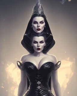 old evil queen in black leather gown, femme fatale, volouptous, busty, cleavage, angry, emperious, 8k resolution concept art portrait by Greg Rutkowski,