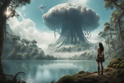 A skinny woman with a Cleopatra hairstyle, short skirt, and knee-high boots, looking out over a lake, in an alien forest, with tall cloud trees, flying Portuguese men of war with octopus tentacles