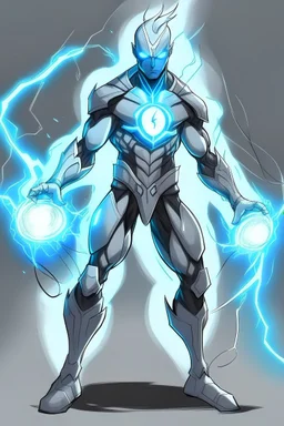 a drawing character that can control lighting and hes a superhero, hes kinda see through , and has a grey skin tone, and has a GYATT he has lightning surrounding him