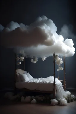 A bed made of clouds, tulle, organza, lanterns, ivy, flowers floats across the sky on a cloud ::above the bed there is a canopy made of long white tulle:: top view. The whole object is in the frame. a deep perspective. the panorama. ink drawing with a thin pen. In the style of Thomas Kincaid:: intricate, filigree. very pale pastel painting. drawing. lightness, lightness, ephemerality