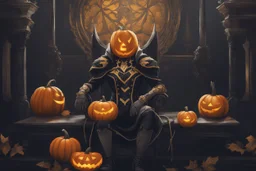 Monarch venom with pumpkin head in nier automata artstyle, halloween them, close picture, fantasy world, intricate details, highly detailed, high details, detailed portrait, masterpiece,ultra detailed, ultra quality