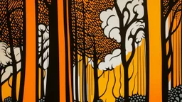 An orange color forest in a lightning storm painted by Roy Lichtenstein