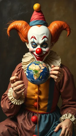 Bosch style painting , A 3D clown holding a yo-yo of planet earth