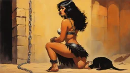 [art by Frank Frazetta] a woman chained to a wall in the basement of a palace in Babylon, wearing nothing but a skirt of leather. You do not remember how you get there, chained like a dog to this wall. You hear music approaching, and laughters, and songs.