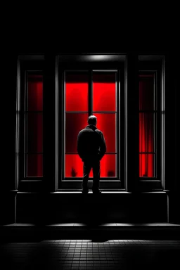 lone man in front of window, black and white, red colour, night