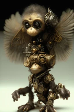 small cute steampunk mechanical monkey, made of metal with mechanical wings, cute hands and feet