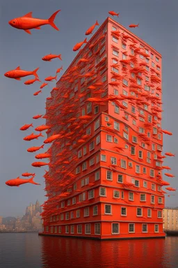 A crazy surreal incandescent building with flying fishes by artist "Sandy Skoglund",by artist "Victor Enrich"