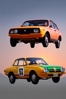 Theme or Concept: Sunrise Car Racing Event in Ethiopia Color Palette: Emphasize the colors of the Ethiopian flag: green, yellow, and red. Additionally, sunrise colors like warm oranges and yellows. Mood or Emotion: Energetic, dynamic, and celebratory Subject and Composition: Custom cars, including Fiat 131 and Fiat 128 One of the cars is jumping, adding excitement to the scene Style Preferences: Dynamic and action-oriented, with attention to car details and customizations Elements and Detai