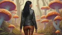 woman with black hair in a ponytail, in light brown leather trousers and jacket, walking through a forest of colourful Alien mushrooms with jellyfish tentacles, photorealistic, Intricate Detail