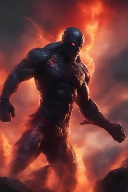 the Phantom, Strong, aka Kit Walker, athletic physique, action poses, battle scars, blood, foggy, cloudy background, multicolored lightning, flowing lava, Full Eclipse, aliens, explosions, bright, vibrant, extremely colorful, detailed, blood red skies