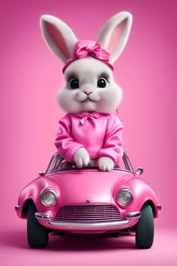 anthropomorphic, hyper-realistic cute and very funny Easter bunny animal wearing a Barbie costume, pink retro car