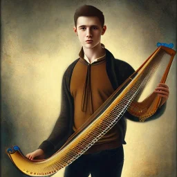 young man with harp, irish sweater, playing music