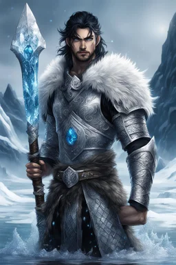 1 anime man. warrior, with blue eyes and black hair man in silver Viking armor with fur around the neck with blue crystal on his chest, standing in water in the artic, holding a ice axe, warrior in anime style,