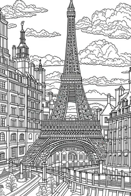 Include illustrations of iconic structures such as the Eiffel Tower,These landmarks are recognized worldwide and offer a sense of grandeur.various architectural landmarks and cityscapes, coloring book page, simple and clean line art, adult drawing book, black and white, crisp black lines, no shades, sharp lines, coloring book for adults, cartoon style, landscape